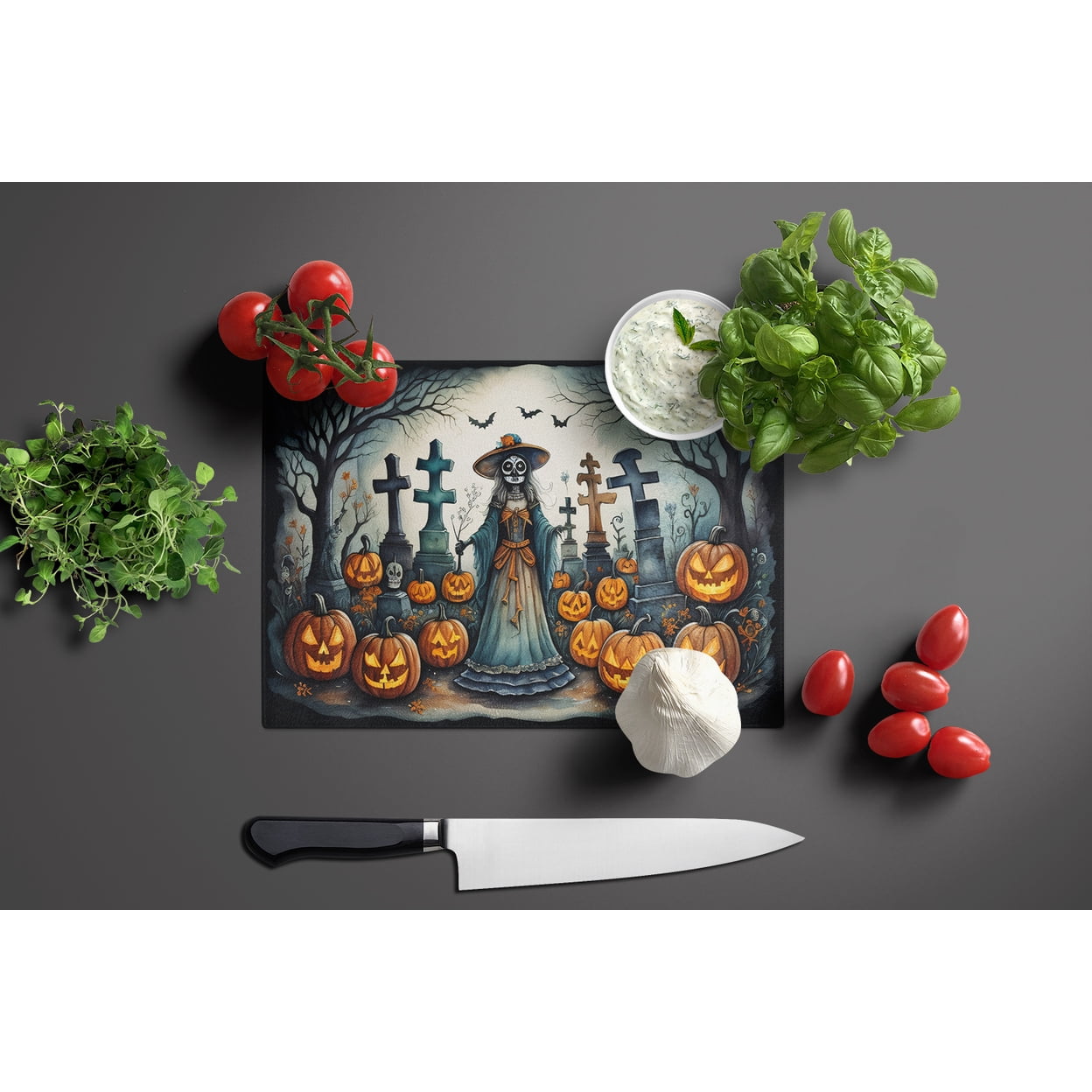 La Catrina Skeleton Spooky Halloween Glass Cutting Board Large 12 in x 15 in