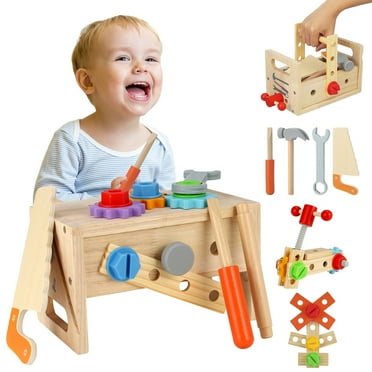 sixwipe 29 Pcs Wooden Tool Set for Kids Toddlers, Tool Bench Pretend Play Toddler Wooden Tool Toys, Educational Toys for 3  Year Old, STEM Construction Toy Birthday Gift for Boys Girls
