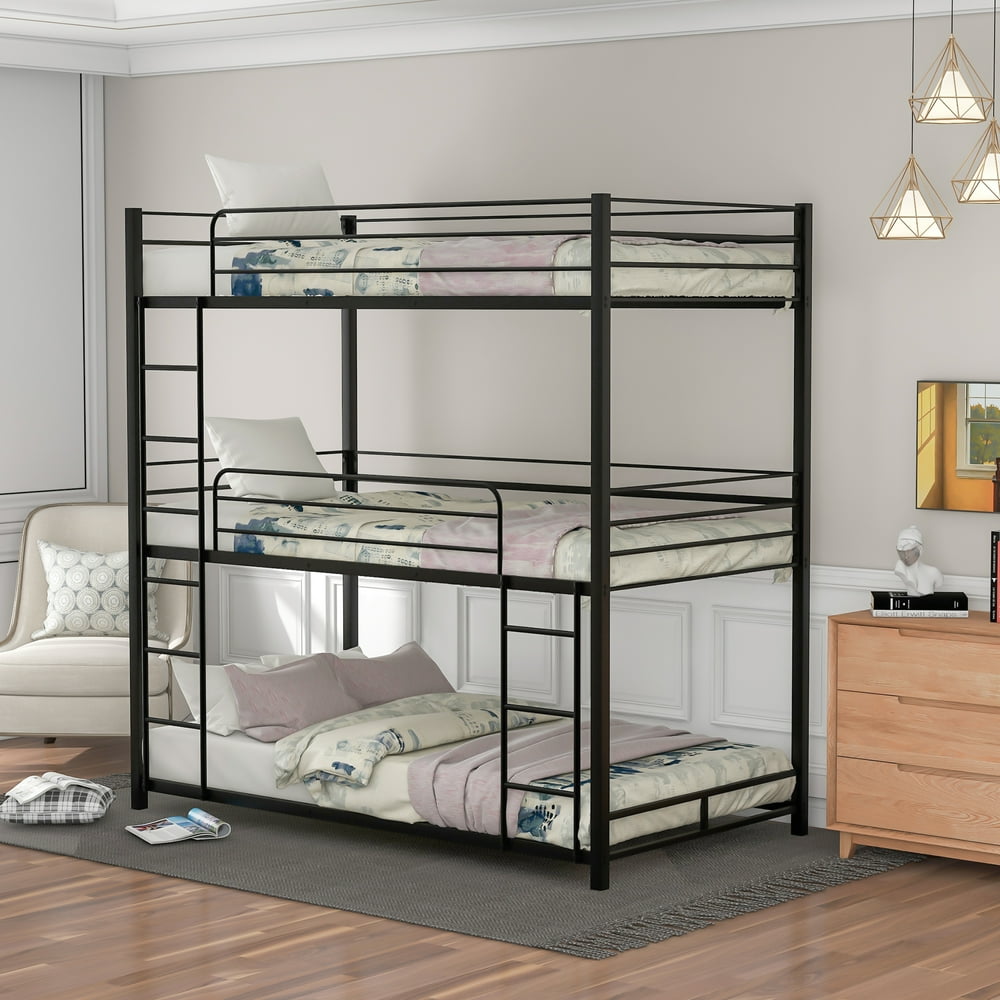 Euroco Metal Triple Bunk Bed Twin Over Twin Over Twin Floor Bed, Black