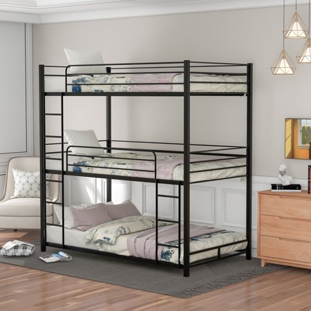 Euroco Metal Triple Bunk Bed Twin over Twin over Twin Floor Bed for Kids Room  Black