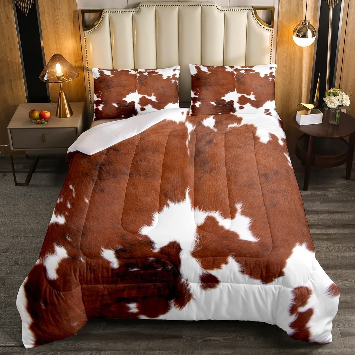 Cow Print Bedding Set King, Brown White Cowhide Comforter Set