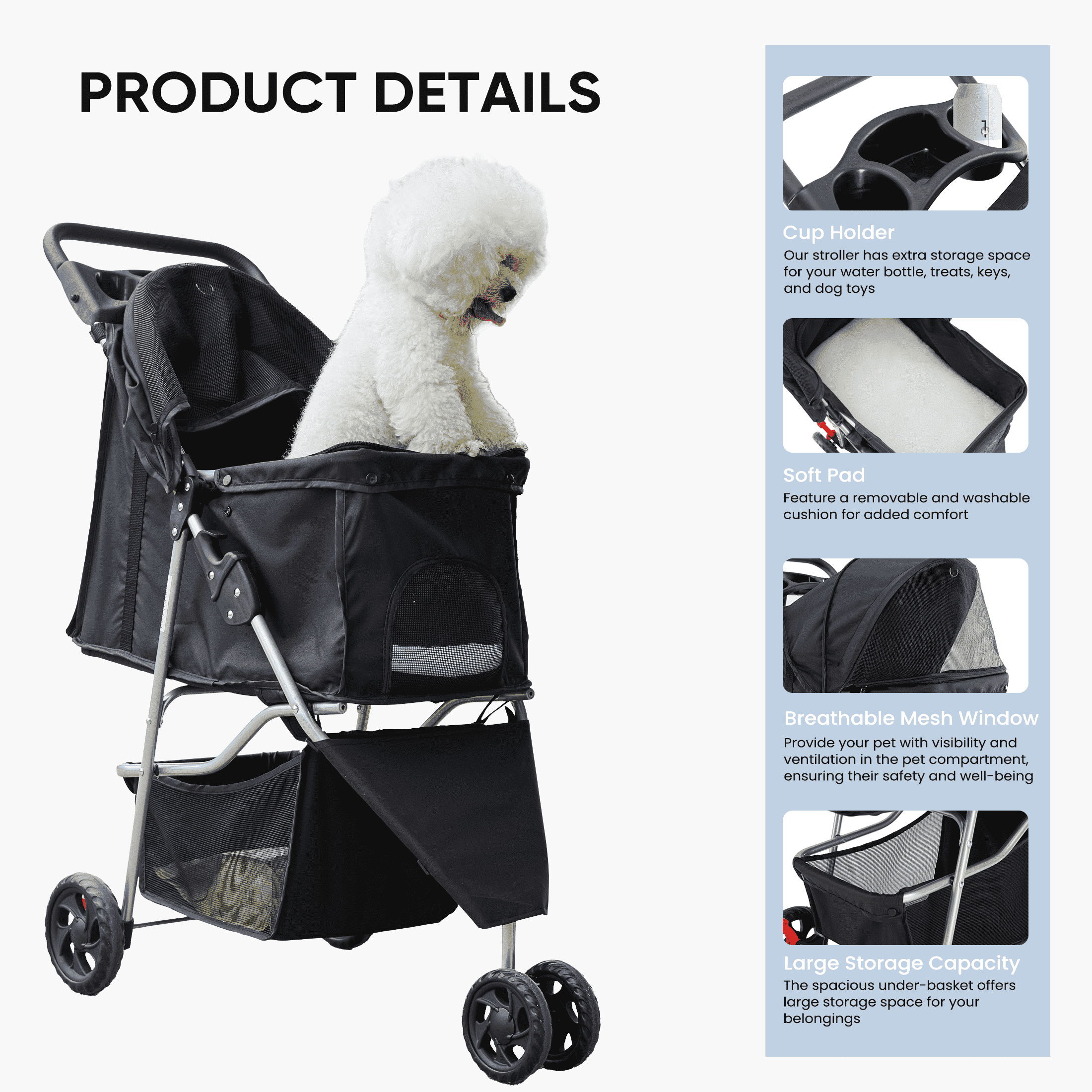MAYEERTY Foldable Pet Stroller for Small-Medium Dogs/Cats with Storage Basket