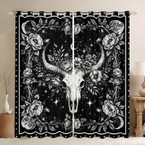 Homewish Female Men Bull Skull Curtains Pack of 2 (42x84 Each),Chic Floral Flowers Curtains Blackout,Bohemian Retro Vintage Aesthetic Bedroom Curtains,Breathable Home Decor