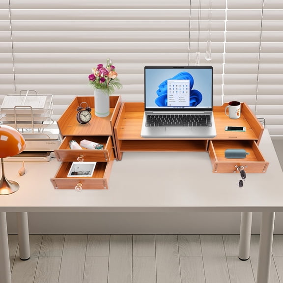 Ergonomic Wooden Monitor Stand with Lockable Drawer, Phone Holder & Ample Storage – Space-Saving MDF Desk Organizer for Office & Home Workspace