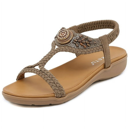 

Women s Flat Sandals Summer Beach Sandal T-Strap Rhinestone Beaded Bohemia Shoes