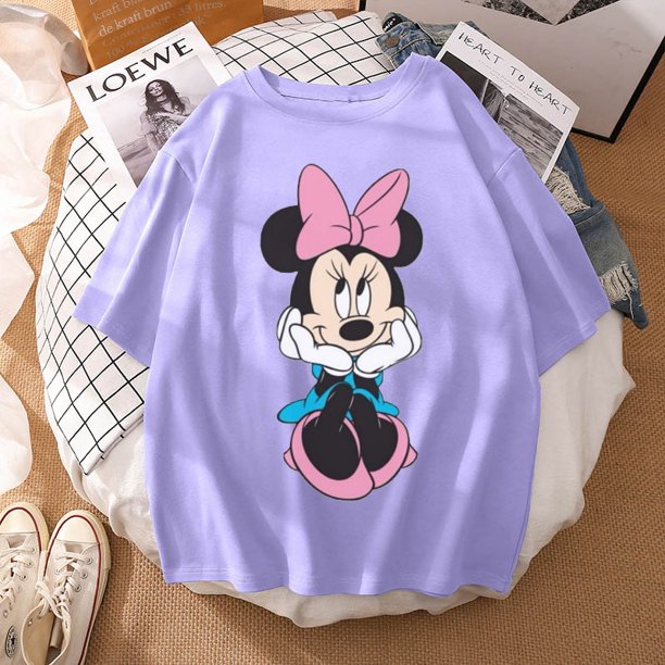 Woman Summer New 2022 Hot Cartoon Disney Mickey And Friends Minnie Mouse Leopard Bow Portrait T-Shirt Short Sleeve Teen TopsL Gao Jinjia LED