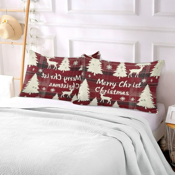 Pillow Case Plush Pillow Christmas Dark Red Plaid Print with Reindeer Case standard size/King size/Queen size Bed Pillow Pillowcases