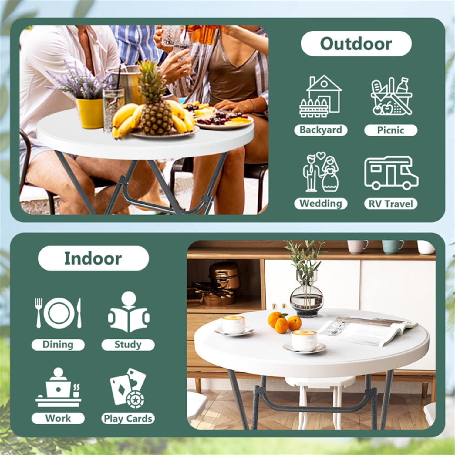 Demi Bonn 32" Round Folding Table with Thick Tabletop for Picnic fordoor Outdoor, Portable Plastic Dining Party Camping Table, White