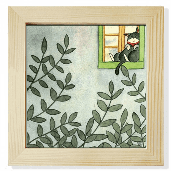Miaoji Painting Watercolor Cat Outside Window Square Picture Frame Wall Tabletop Display