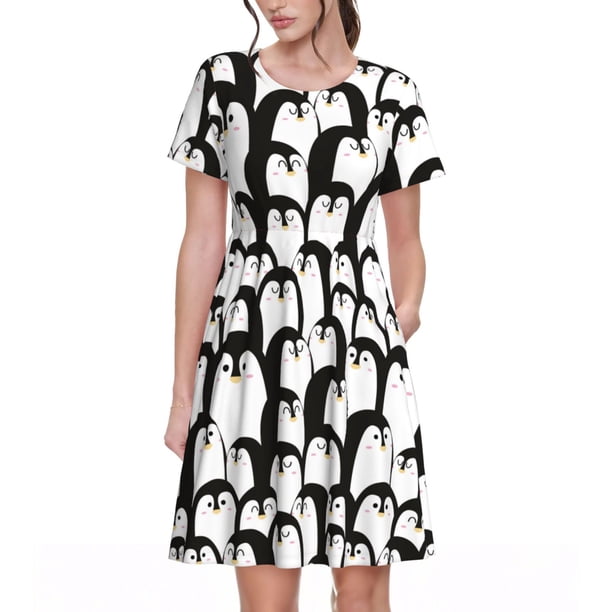 Balery Cartoon Penguin Vestidos sueltos de manga corta para mujer, vestidos de verano 2025, vestidos casuales de corte A con vuelo.