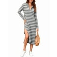thumbnail image 2 of Womens Striped Sweater Dress Fall Chunky Knit V Neck Collared Long Sleeve Slit Loose Midi Dresses Grey XXXL, 2 of 9