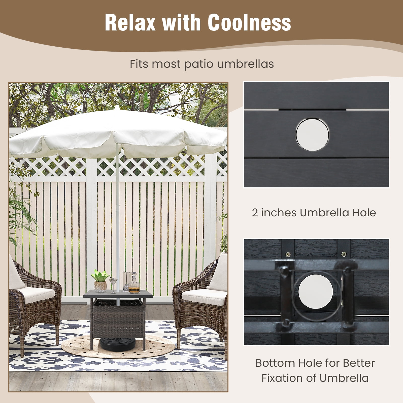 BLACK JAGUAR Outdoor Wicker Table Rattan Coffee Table w/ Umbrella Insert Hole PE Tabletop & Sturdy Metal Frame
