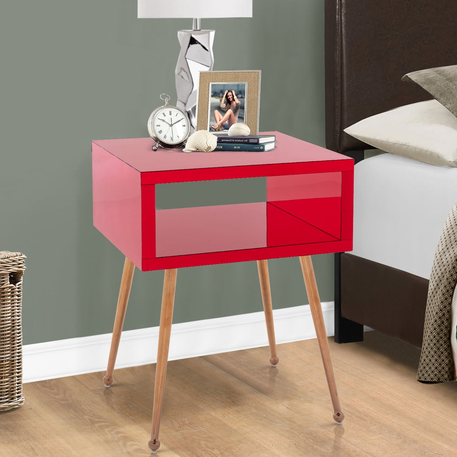 Mirror End Bedside Table with Storage Shelf and Metal Legs, Acrylic