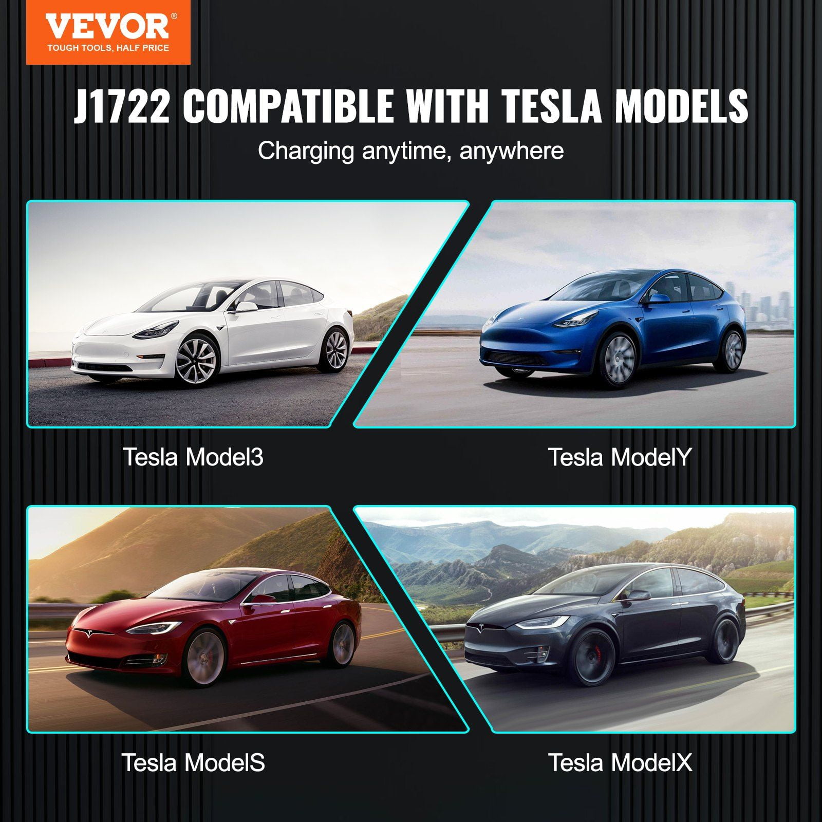 J1772 to Tesla Adapter, 80A 240V, SAE J1772 EV Charger to Tesla Plug, UL-Listed IP65, Compatible with Tesla Model 3/Y/S/X, Fast Charging, NEMA 14-50