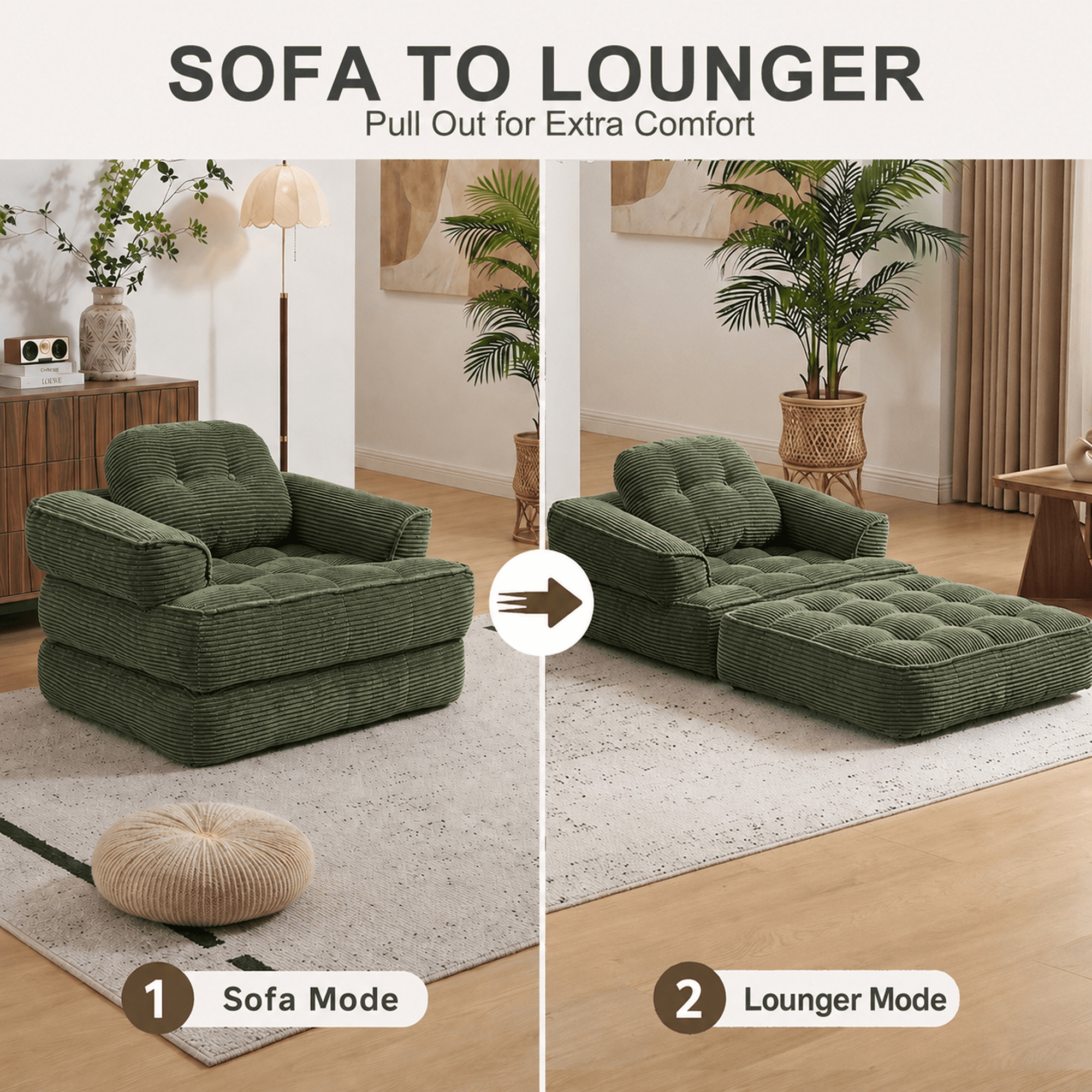 Leumius 70" Folding Sofa Bed,Convertible Single Sofa Bed with Armrest,2-in-1 Corduroy Boneless Foldable Bed with Pillows for Bedroom, Living Room, Homestay, Game Room,Dark Green