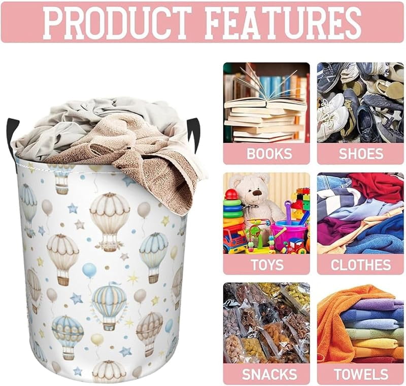 Watercolor Hot Air Balloon Round Laundry Hamper Storage Basket Toys Clothes Organizer Bin For Home Bathroom Bedroom Dorm Nursery