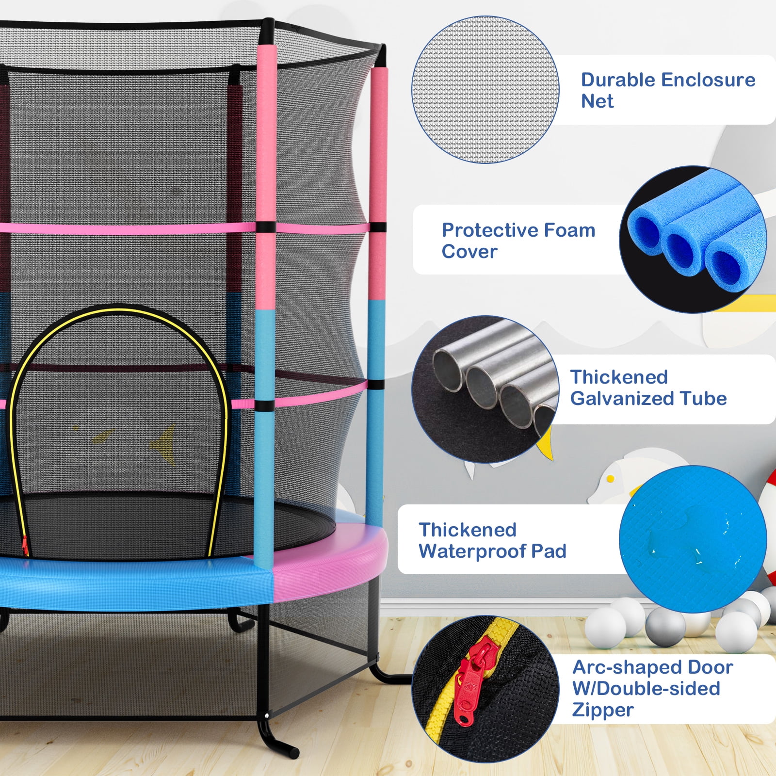 Gymax 55'' Trampoline for Kids Toddler Recreational Trampoline w/ Safety Enclosure Multicolor