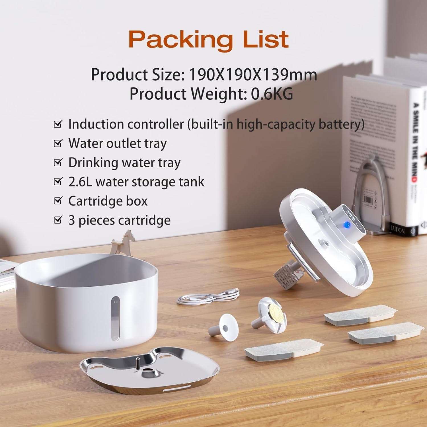Vinci S6 Cat Water Fountain, 88oz/2.6L Wireless Automatic Cat Fountain with Water Level Window for Cats and Dog with Motion Sensor, Ultra Quiet Battery Operated Pet Water Dispenser with 2 Filters
