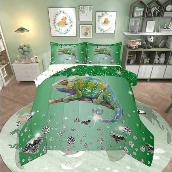 Chameleon Comforter Set Green Sequin Fluid Art Down Comforter,Crystal Diamond Twin Bedding Sets,Woodland Animals Duvet Insert Tropical Jungle Wildlife Room Decor