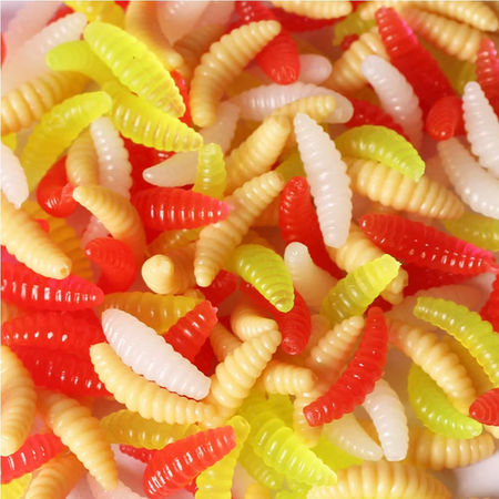 Xiao Hang 50pcs/lot Silicone Bait Maggot Grub Soft Fishing Lure 2cm 0.4g Artificial Bread Smell Worms Gear For Winter Glow Accessories