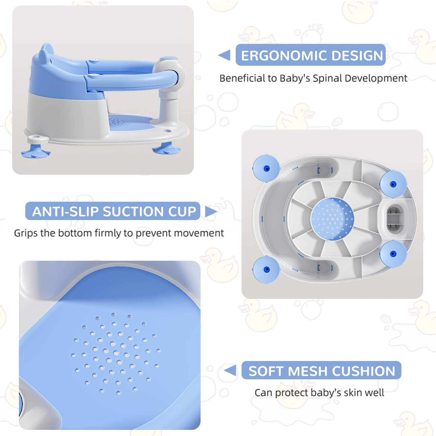 Soluxeo Baby Bath Seat for Babies 6 Months & up, Non-Slip Toddler Bath Seats for Babies Sitting Up with 4 Suction Cups & Soft Cushion for Shower(Blue)