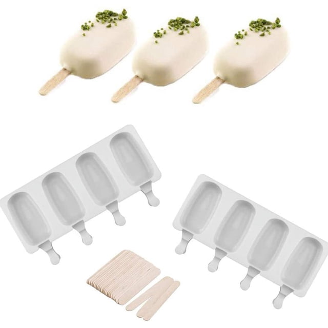Paquete de 2 moldes de silicona de 4 cavidades, moldes reutilizables para helado de zumo de fruta, forma ovalada clásica, antiadherente, con 50 palos de madera