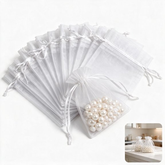 100Pcs White Organza Drawstring Bags 5.1" x 7.1", Sheer Mesh Gift Pouches for Jewelry Soap Candy Party Favors.