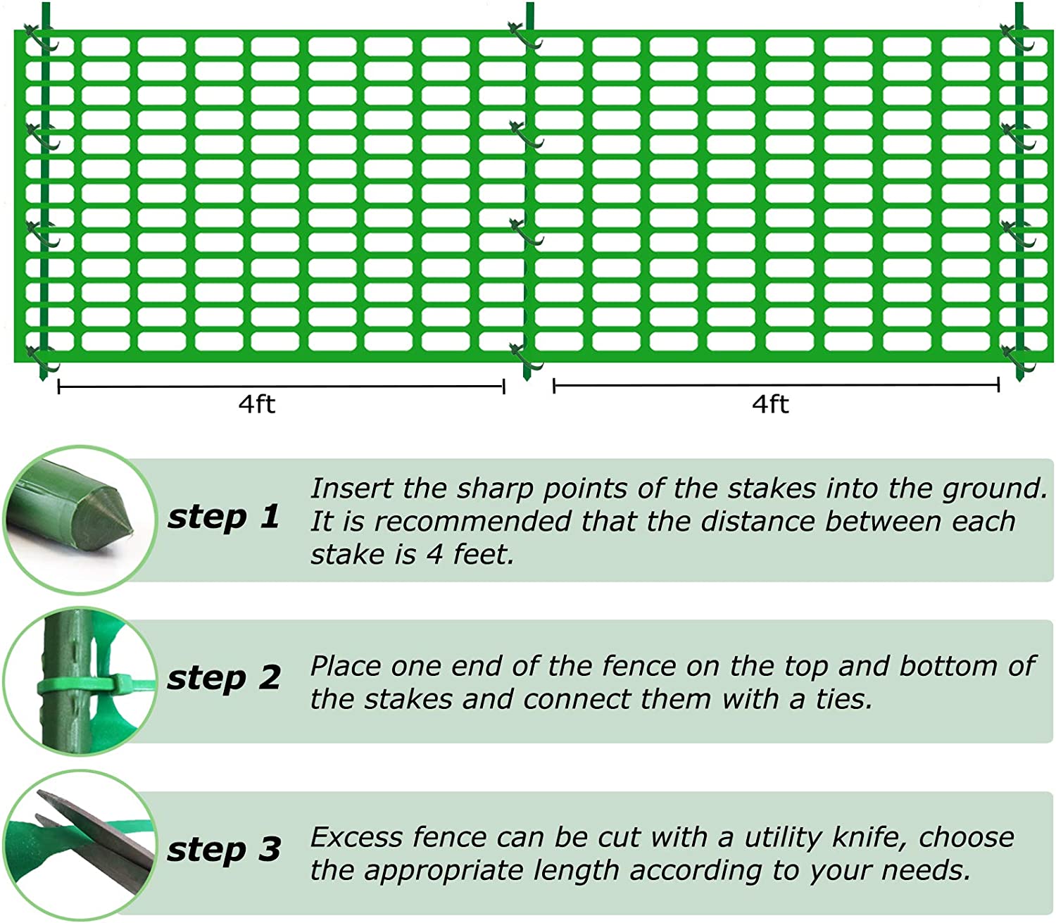 Garden Fence 100ft Green Plastic Netting with 25 Steel Stakes and Zip Ties
