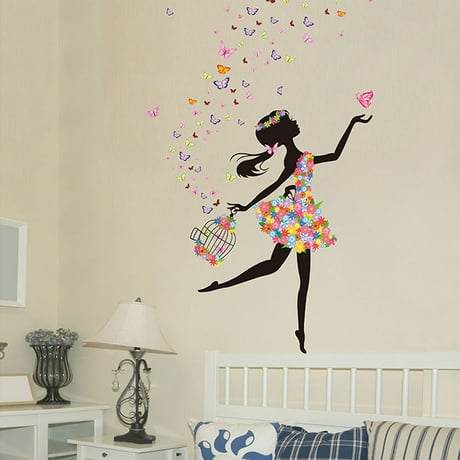 Wall Sticker Removable Vinyl Butterfly Flower Girl Decal Wall Sticker Removable Vinyl Butterfly Flower Girl Decal