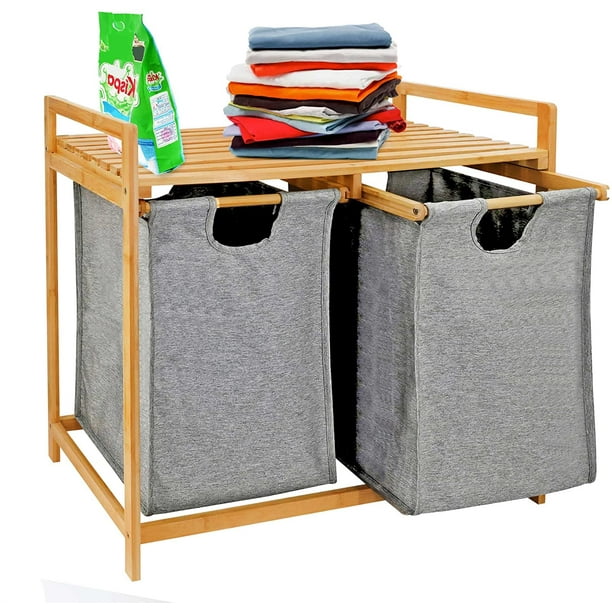 Gestal Bamboo Laundry Hamper and Shelf, Dual Compartments Laundry