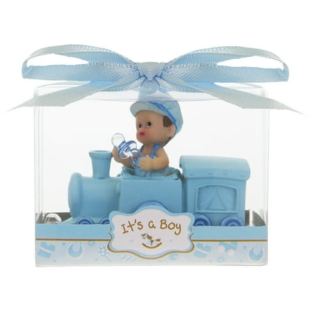 Mega Favors Keepsake Figurine 12 pcs Baby Boy Holding Pacifier In Train Engine | Awesome Decorations or Party Favors | for Pregnancy Announcements, Gender Reveals, Birthday and Special Celebrations