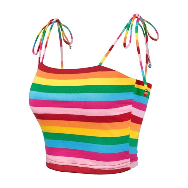 Top sin mangas Allegra K con tirantes finos y lazo a rayas arcoíris para mujer Multicolor S