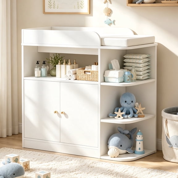 Linor Baby Changing Table Dresser, Multifunctional Nursery Dresser with 4 Open Shelves & Double-Door Cabinet, Storage Organizer for Nursery