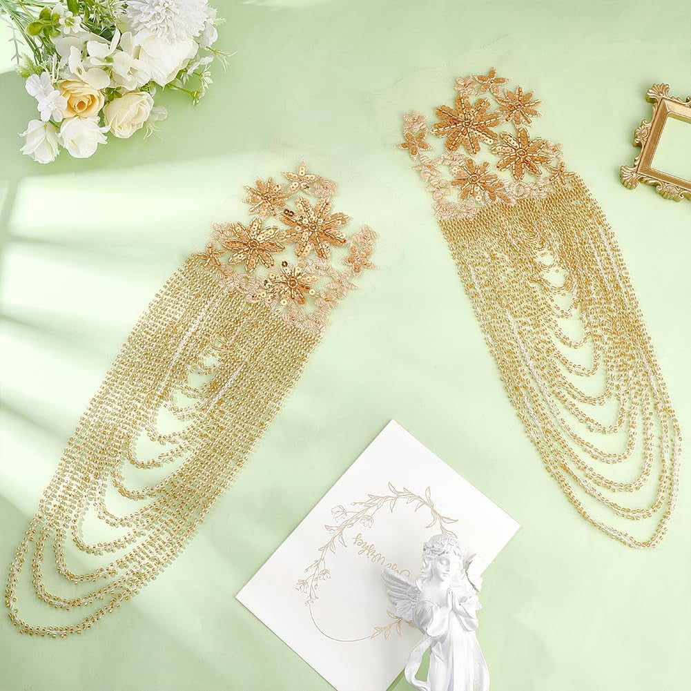 ABPETE 1 Pair Handmade 3D Flower Rhinestone Applique 14.96~16.54inch Long Goldenrod Sewing Crystal Fringe Beads Sequins Patches Embroidery Beaded Epaulettes for Evening Gown Wedding Dress Decor