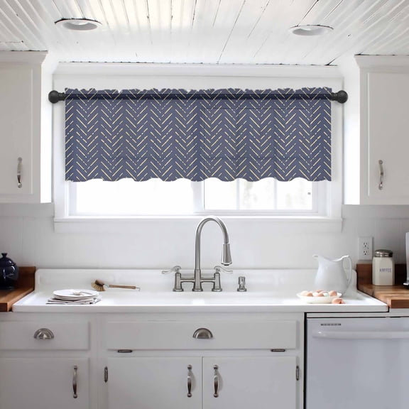 Blue Yellow Geometric Valance Curtains for Kitchen/Living Room/Bathroom/Bedroom Window, Modern Abstract Art Striped Rod Pocket Small Topper Half Short Window Curtains Voile Sheer Scarf 42"x18"