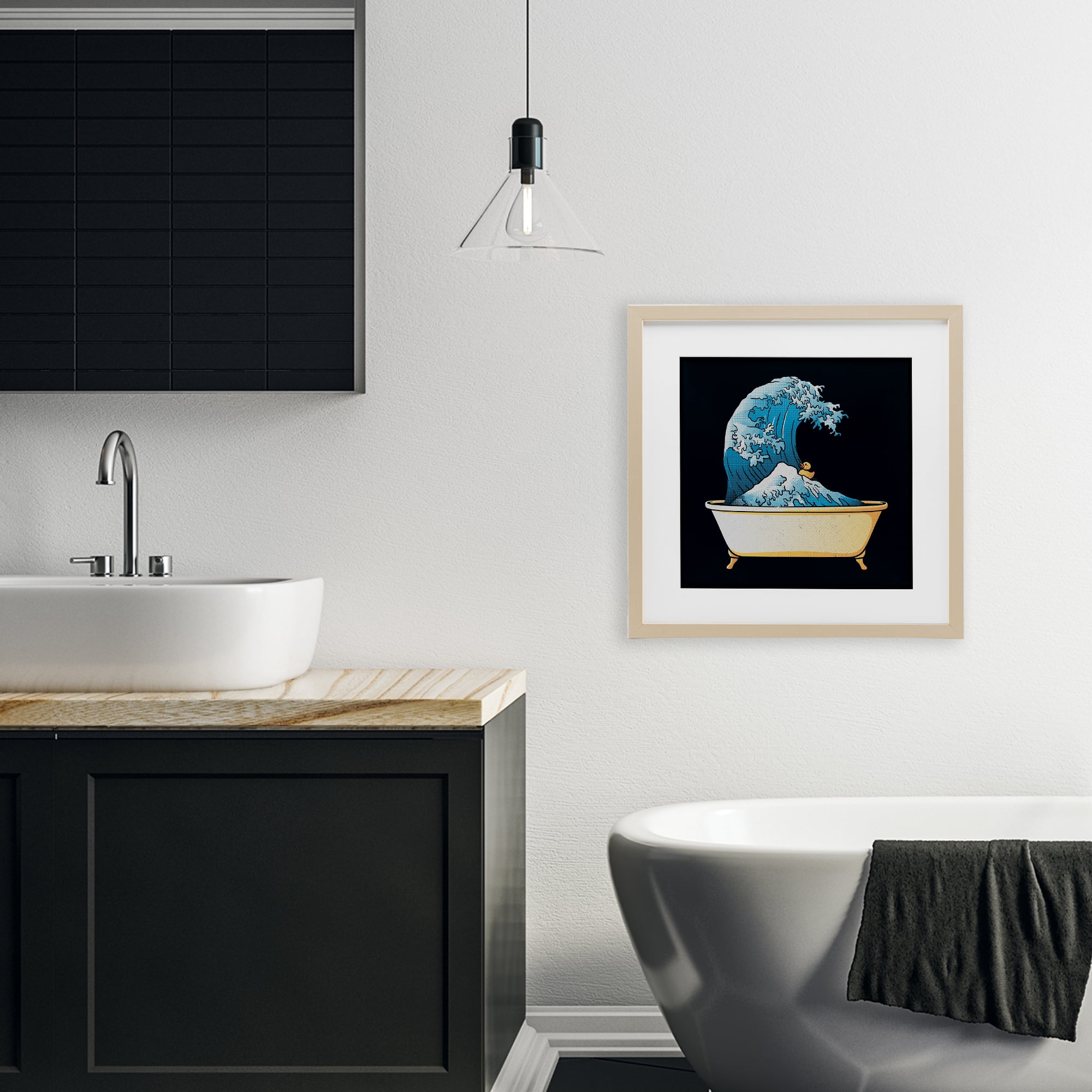 Stupell Industries Bathtub with Kanagawa Wave Birch Framed Print Under Glass, design by Tobe Fonseca