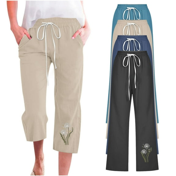 Christmas Clearance! Ohufall Capris Pants For Women, Capris For Women, Casual Summer Cotton Linen 3/4 Pants Wide Leg Capris Lightweight Baggy Cropped Lounge Trousers