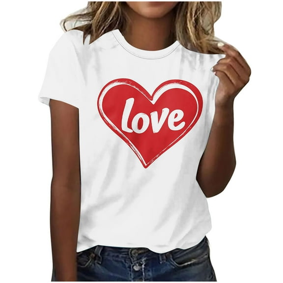 Valentine's Day T Shirts for Women Casual Girl Friend Gift Blouses Love Heart Graphic Printed Tees Short Sleeve Round Neck Tshirt Top