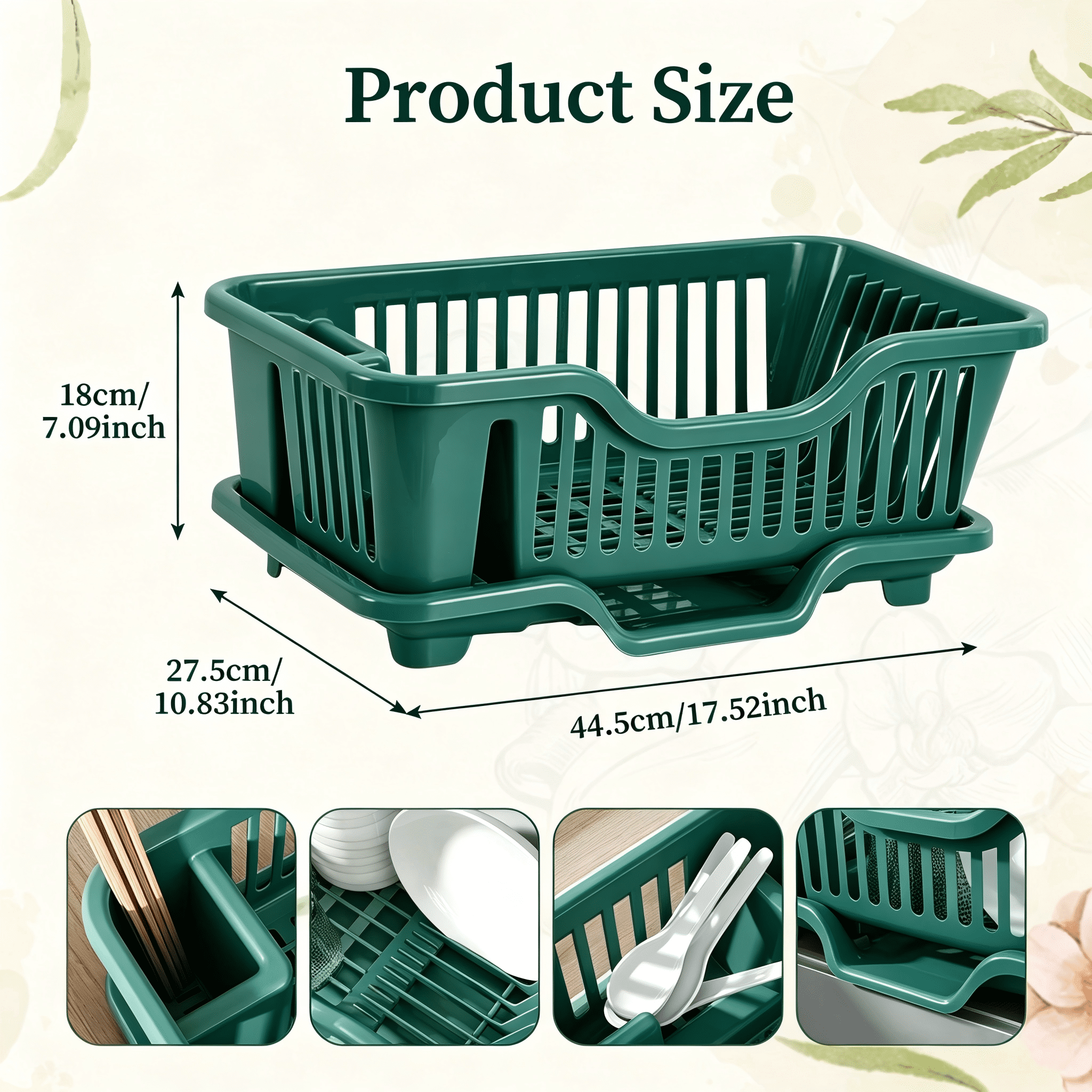 Dish Drying Rack Dish Strainers Cutlery Holder Utensils Holder Dish Rack and Drainaboard Set for Kitchen Countertop Dining Room Restaurant Dark Green