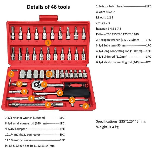 Caja de dados con trinquete, Llave de trinquete de 1/4', Dados y cajas, Herramientas mecánicas profesionales para automóviles