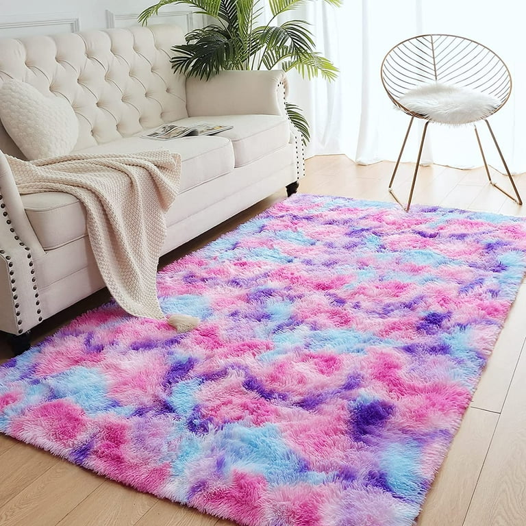 Fluffy Kids Rug for Girls Bedroom Carpets, Colorful Tie Dye Fuzzy Rugs for  Teens Dorm Shaggy Nursery Area Rug ,Yellow Purple, 3x5 Feet 