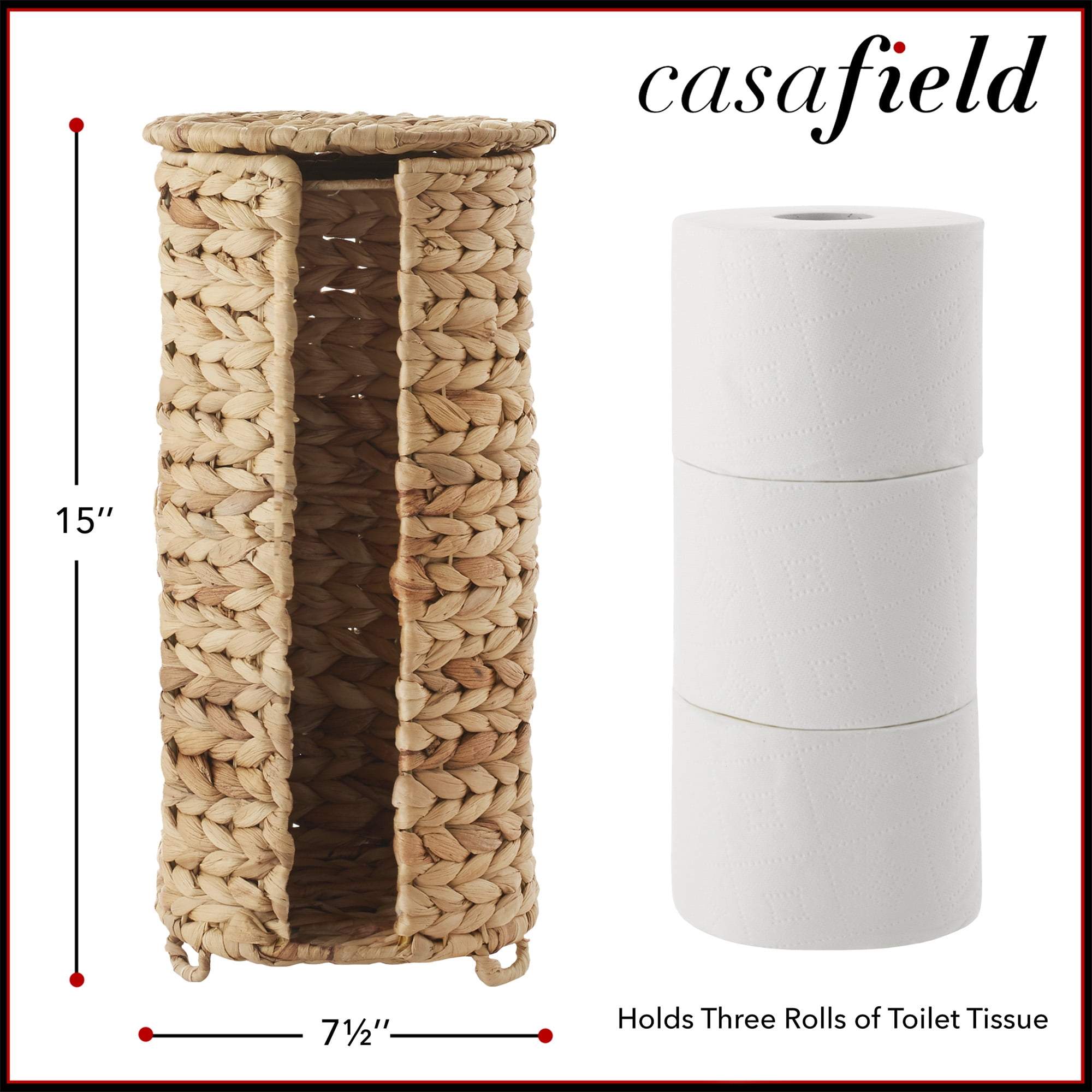 Casafield Toilet Paper Roll Holder with Lid - Natural, Fits 3 Rolls, Free Standing Water Hyacinth Bath Tissue Storage Organizer for Bathroom