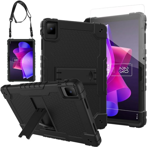 FIEWESEY for TCL NXTPAPER 11 Tablet Case with Tempered Glass Screen Protector, Rugged Armor Stand Cover for TCL NXTPAPER 11 inch 9166G 9466X 2023 Android 13 Tablet with Shoulder Strap (Black Black)