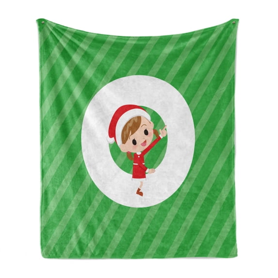 Christmas Alphabet Soft Flannel Fleece Blanket, Interpretation of Letter O with a Santa Merry Xmas Vibes, Cozy Plush for Indoor and Outdoor Use, 60" x 80", Green Dark Coral and White, by Ambesonne