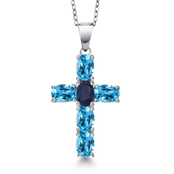 Gem Stone King 3.31 Cttw Swiss Blue Topaz and Blue Sapphire Cross Pendant Necklace for Women | 925 Sterling Silver | Gemstone November Birthstone | Oval 6X4MM | With 18 inch Chain