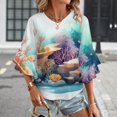 thumbnail image 3 of Watercolor Coral Reef Women's V-Neck Blouse With 3/4 Ruffled Bell Sleeves Casual Top Ladies Blouses, 3 of 7