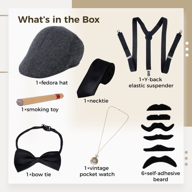 Goenb 20er Jahre Kostüm Herren Accessoires, Karneval Kostüm Herren Mafia Peaky Blinders Kostüm Mit Gangster Panamahut Vintage Taschenuhr Taschenuhr Fliege Für Karneval