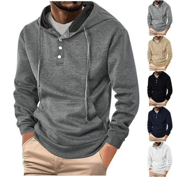 1/4 Button Hoodies for Men,Long Sleeve Sweatshirts Jacquard Sweatshirt Drawstring Hooded Pullover Casual Hoodies Workwear Regular Fit Sweater Oversized Hoody Tops with Pocket Activewear