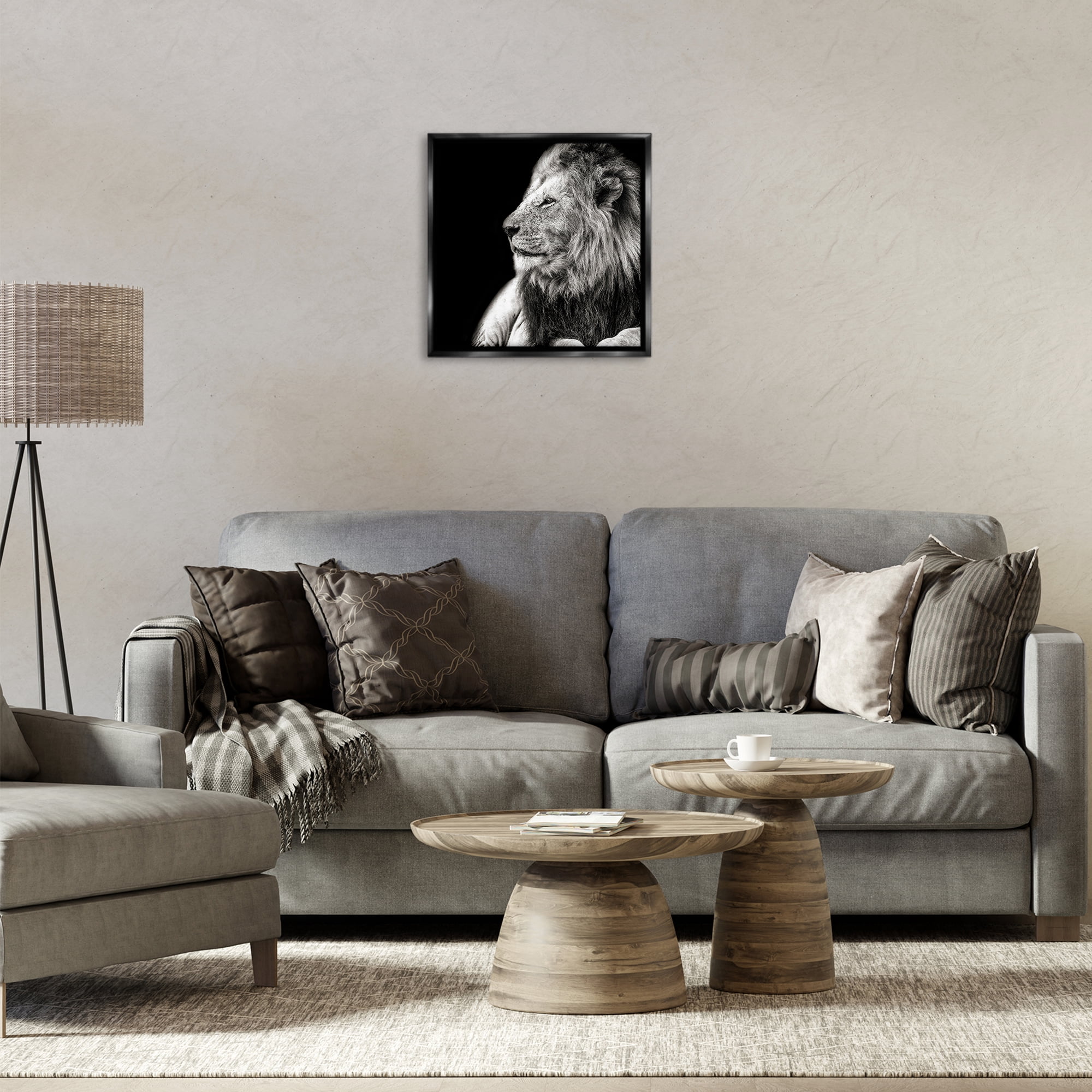 Stupell Industries Lion Portrait on Black Animals Photography Black Floater Framed Canvas Art Print Wall Art, 18 x 18