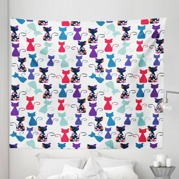 Kitten Tapestry, Animals in Vivid Colors Flowers Funny Kittens Pattern, Fabric Wall Hanging Decor for Bedroom Living Room Dorm, 5 Sizes, Multicolor, by Ambesonne